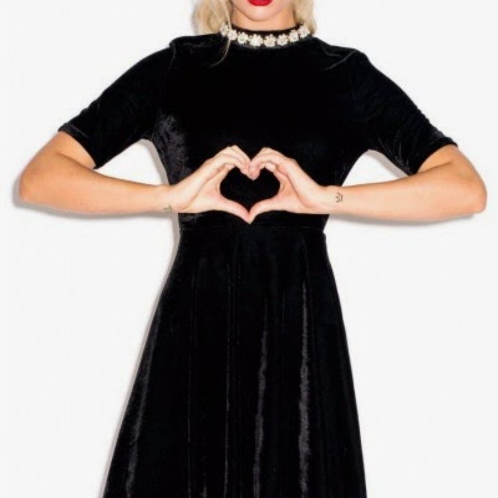 Black velvet open back dress with collar detailing